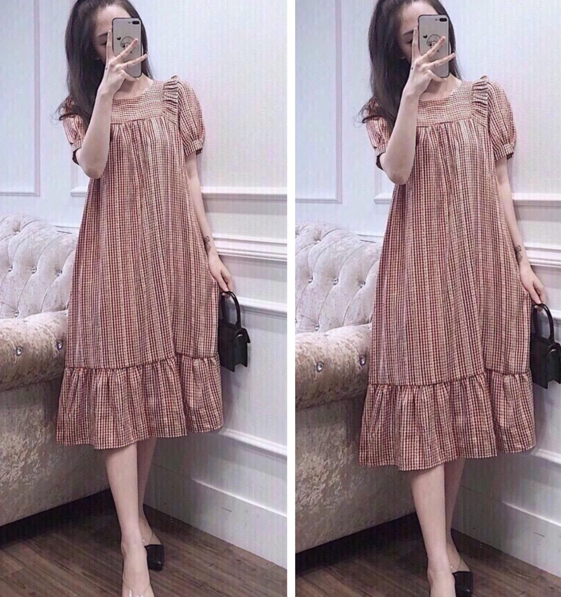 Váy bầu đầm bầu mùa hè kẻ tay bồng công sở dáng suông
