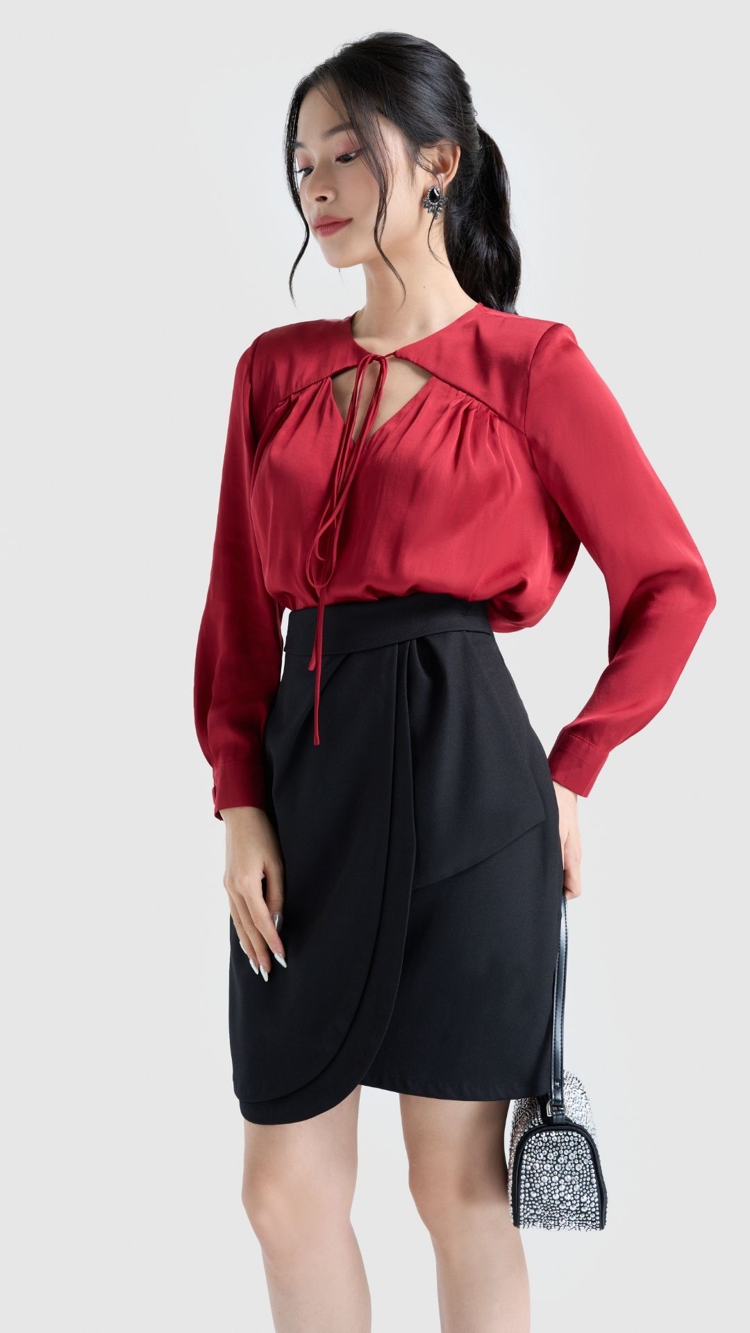 Vella fashion - áo sơ mi tay dài cổ phối dây nơ va22092