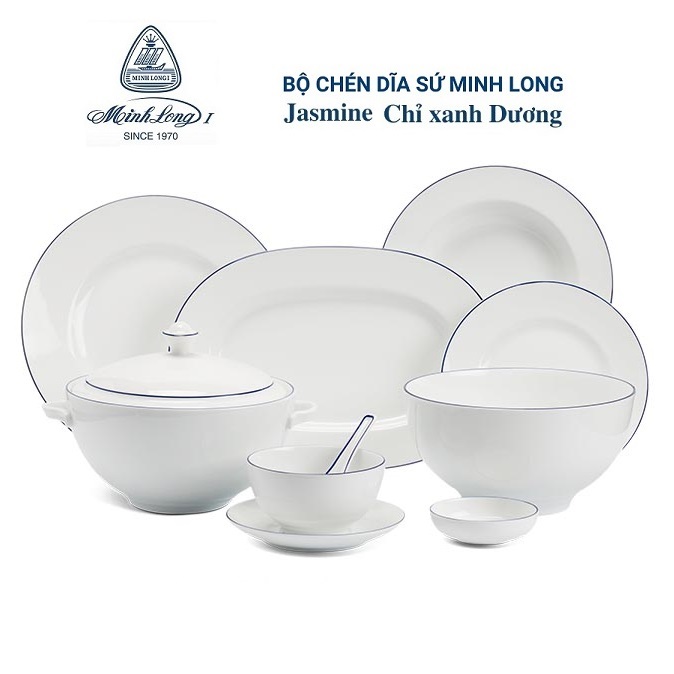 Bộ bàn ăn cao cấp sứ Minh Long viền xanh dương - bộ bàn ăn cao cấp sứ minh long