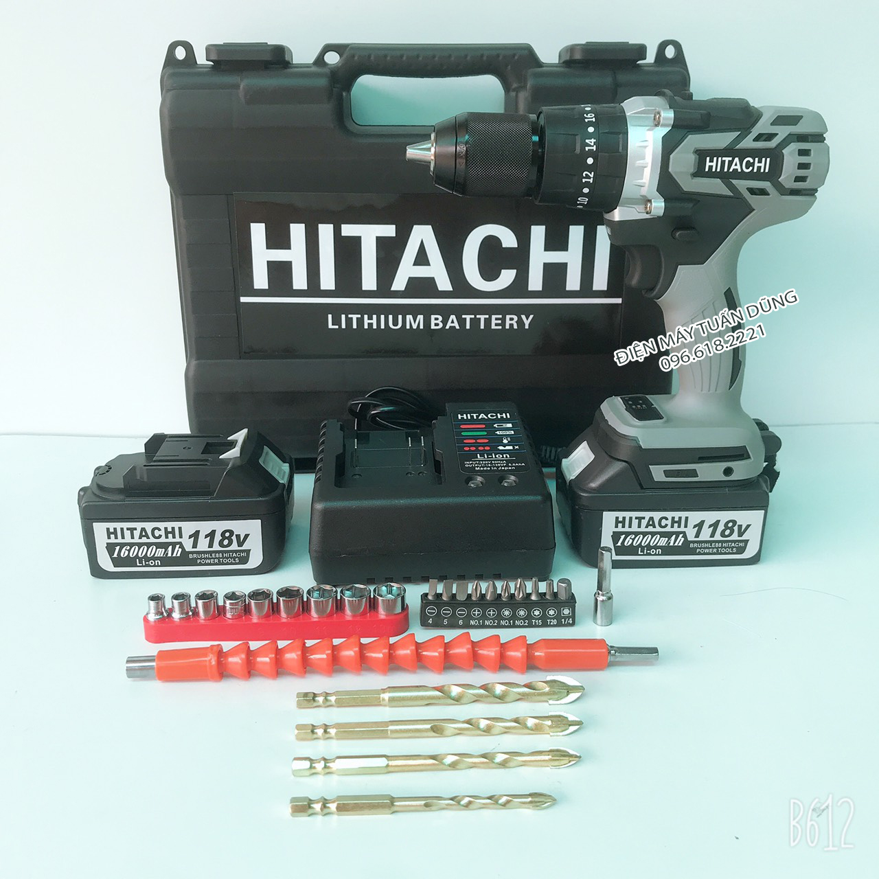 Máy Khoan Pin HITACHI 118V, 2 PIN, KHÔNG CHỔI THAN, Tặng Kèm Bộ PHỤ KIỆN Như Hình
