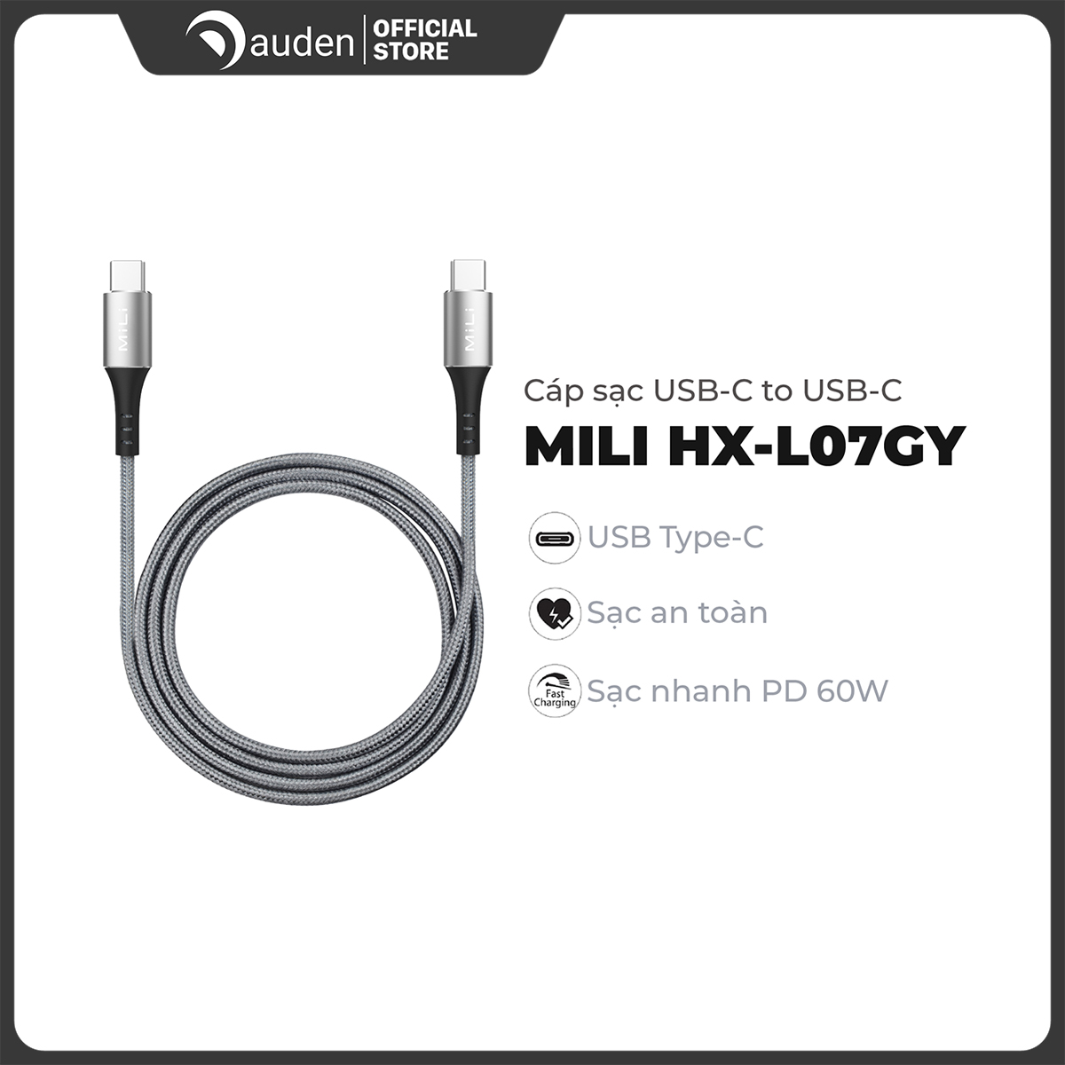 Cáp sạc MiLi Braided Type-C to Type-C HX-L07 bện dù chống gãy rối - Bảo hành 2 năm