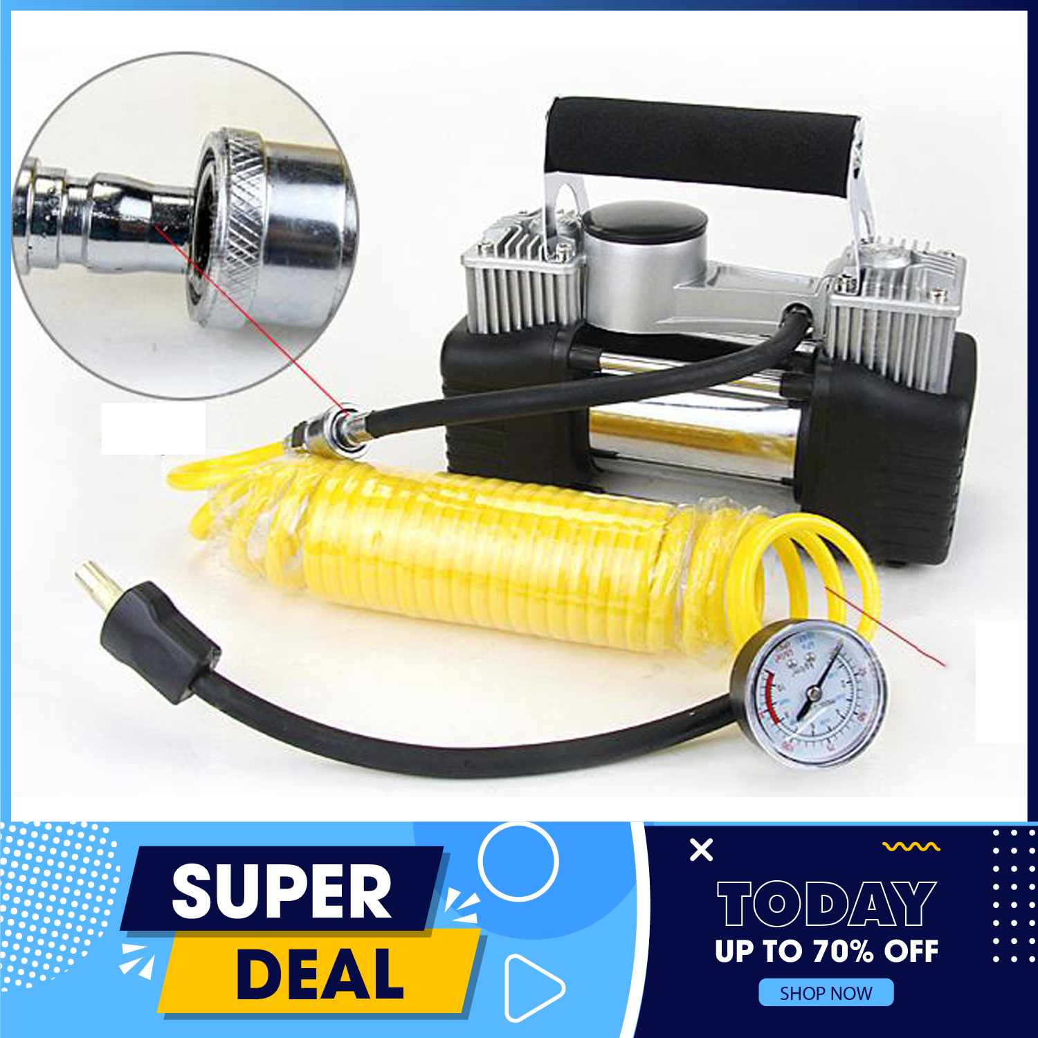 Máy Bơm Lốp Ô tô 2 Xilanh - máy bơm lốp xe ô tô, máy bơm lốp xe hơi, máy bơm lốp ô tô đa năng, máy bơm lốp xe ô tô mini, máy bơm lốp ô tô 2 xilanh, bơm 2 xilanh, bơm lốp xe hơi-MÁY BƠM, MÁY NÉN KHÍ LOẠI 2 XYLANH CAO CẤP