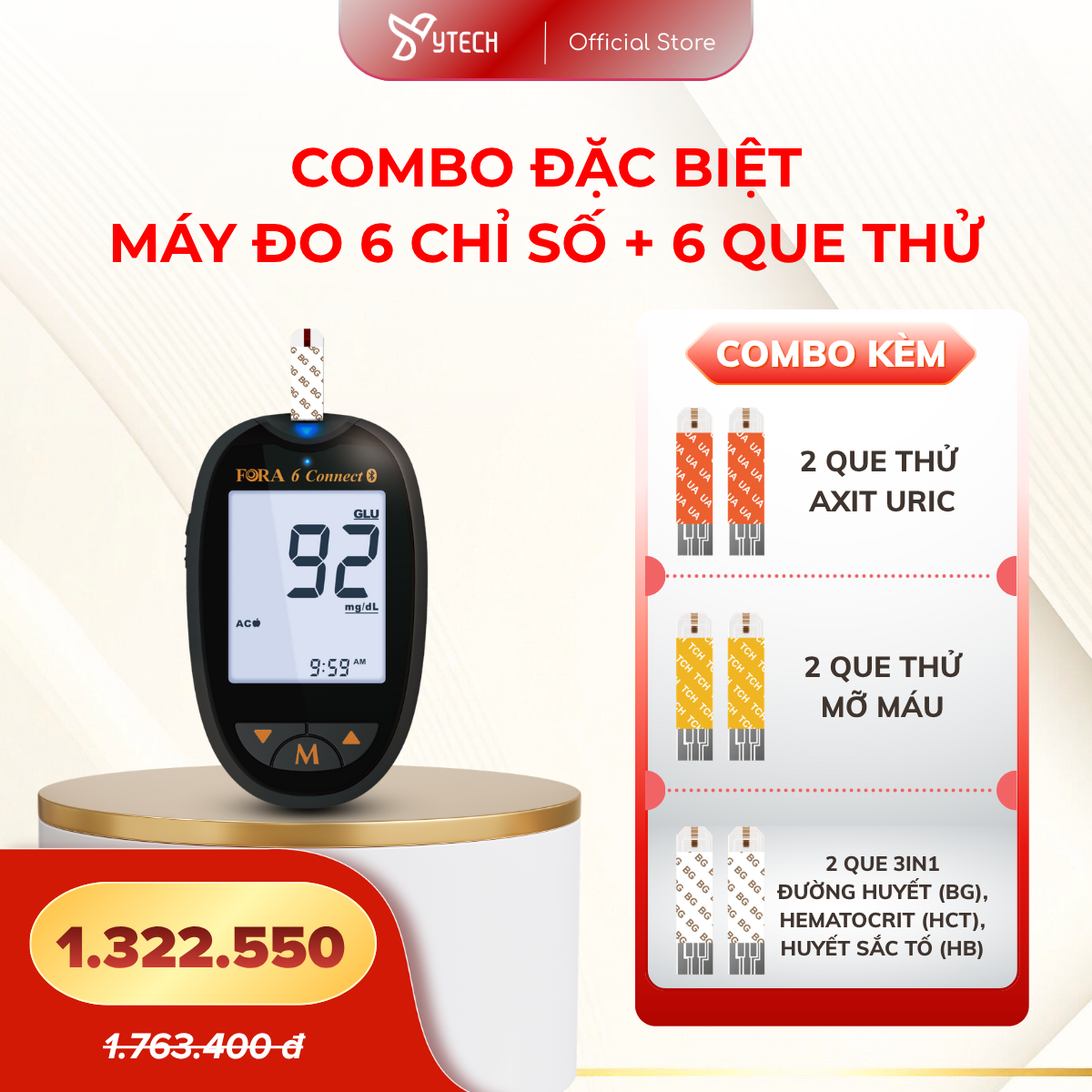 [YTECH] Combo Ưu Đãi Máy Đo Đường Huyết - Kèm 6 Que Thử (Uric/Cholesterol/3in1)
