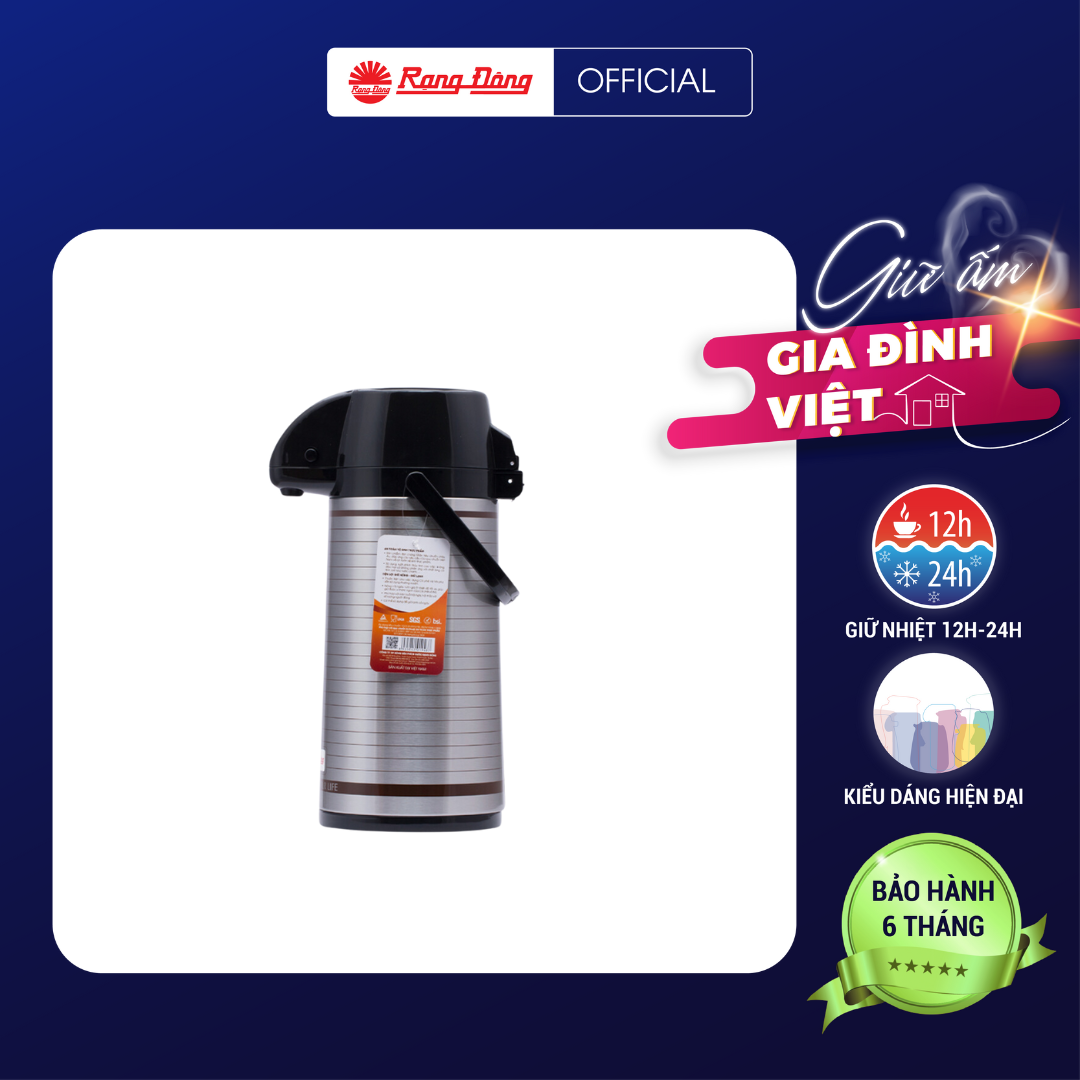 Phích cao cấp đựng nước nút bấm 2 lít RD-2045ST3.E Thân inox  cao cấp bền đẹp ruột thủy tinh gioăng Silicon Giữ nóng 12 giờ giữ lạnh 24 giờ