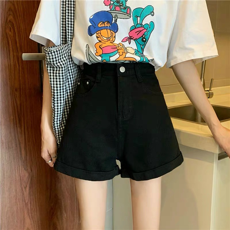 Quần short jean nữ BigSize lưng cao trên rốn, co dãn mạnh, phom ống rộng nhẹ, xăn lai