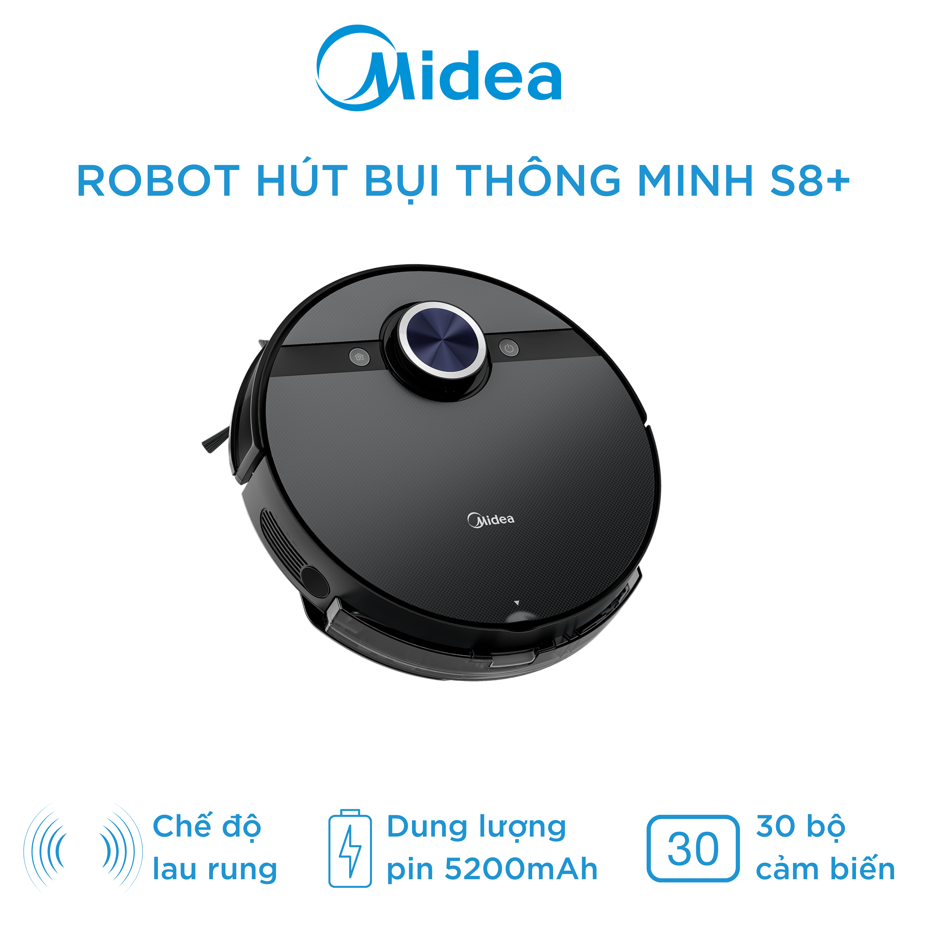 Midea S8+ - Robot Hút Bụi Lau Nhà Đen, Dung Tích 0.45L, Pin 5200mAh