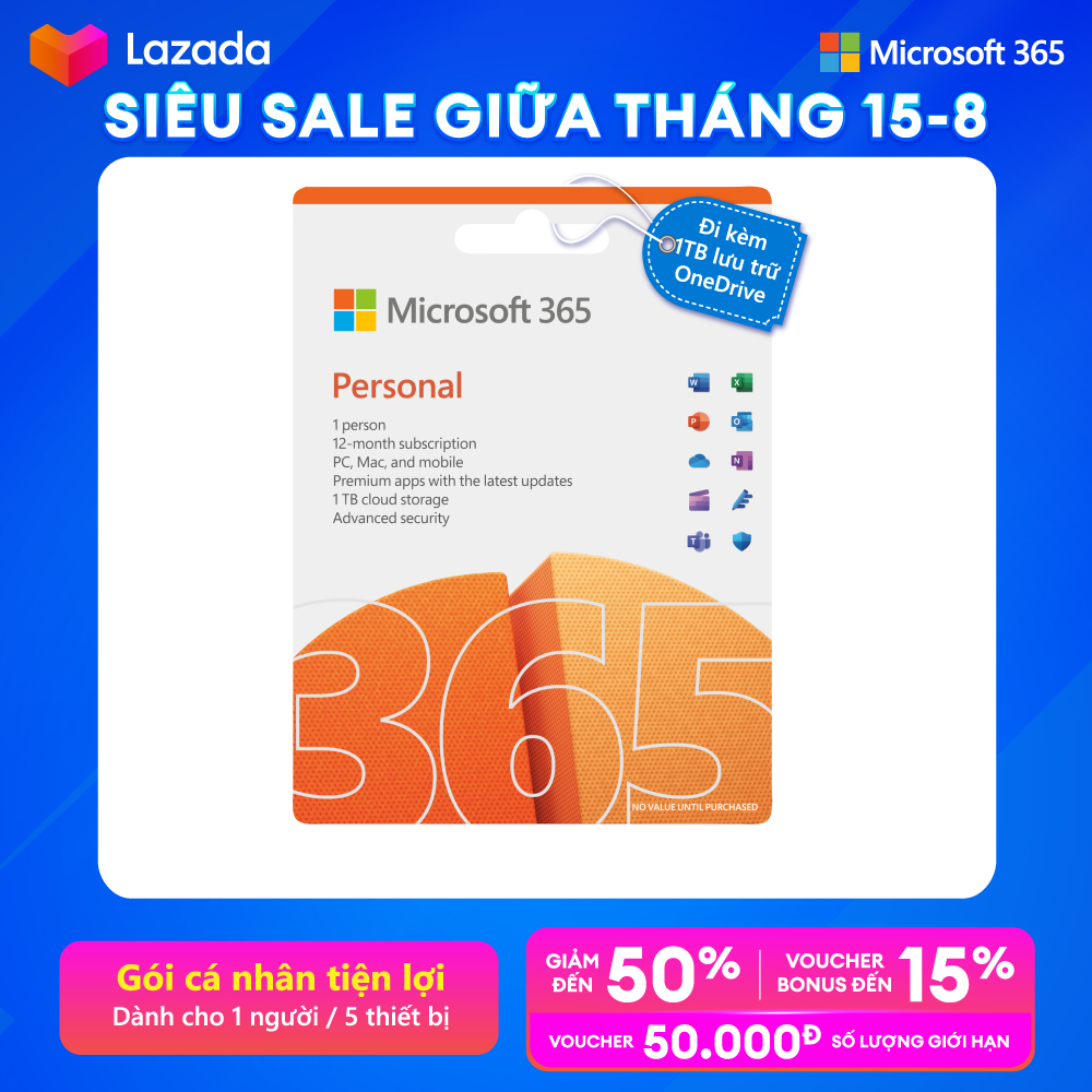 [ KEY GIA HẠN hoặc MUA MỚI ] Phần mềm Microsoft 365 PERSONAL | Dành cho 1 người | 12 tháng | 5 thiết bị/tài khoản | Word, Excel, PowerPoint | 1TB OneDrive