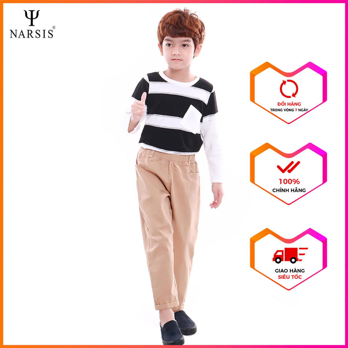 Bộ quần áo bé trai Narsis KE9080 cổ tròn áo kẻ đen trắng quần kaki