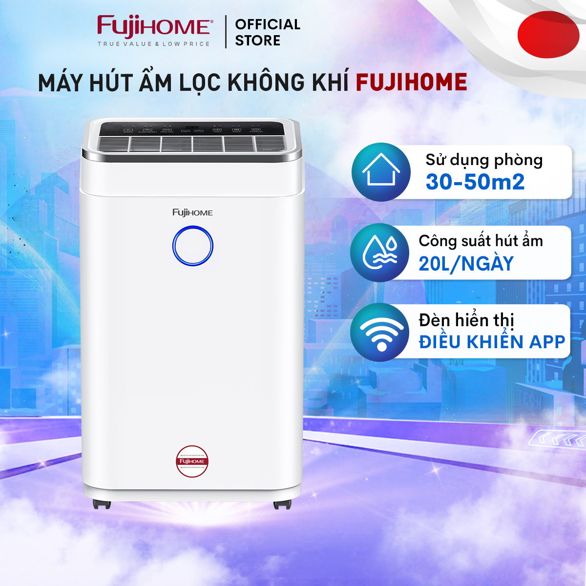 Máy hút ẩm lọc không khí 15-50m2 nhập khẩu Nhật Bản Fujihome, máy hút ẩm gia đình công suất 12L-25L/ngày, Ionizer diệt khuẩn,Kết Nối Wifi, điều khiển qua App, đèn báo cảm biến độ ẩm