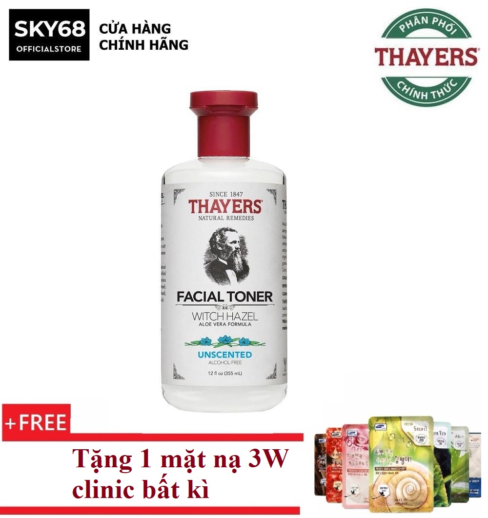 Nước Hoa Hồng Làm Sạch, Se Khít Lỗ Chân Lông Không Cồn Thayers Alcohol Free Witch Hazel Toner Unscented 355ml -Không mùi + Tặng 1 mặt nạ 3W clinic bất kì