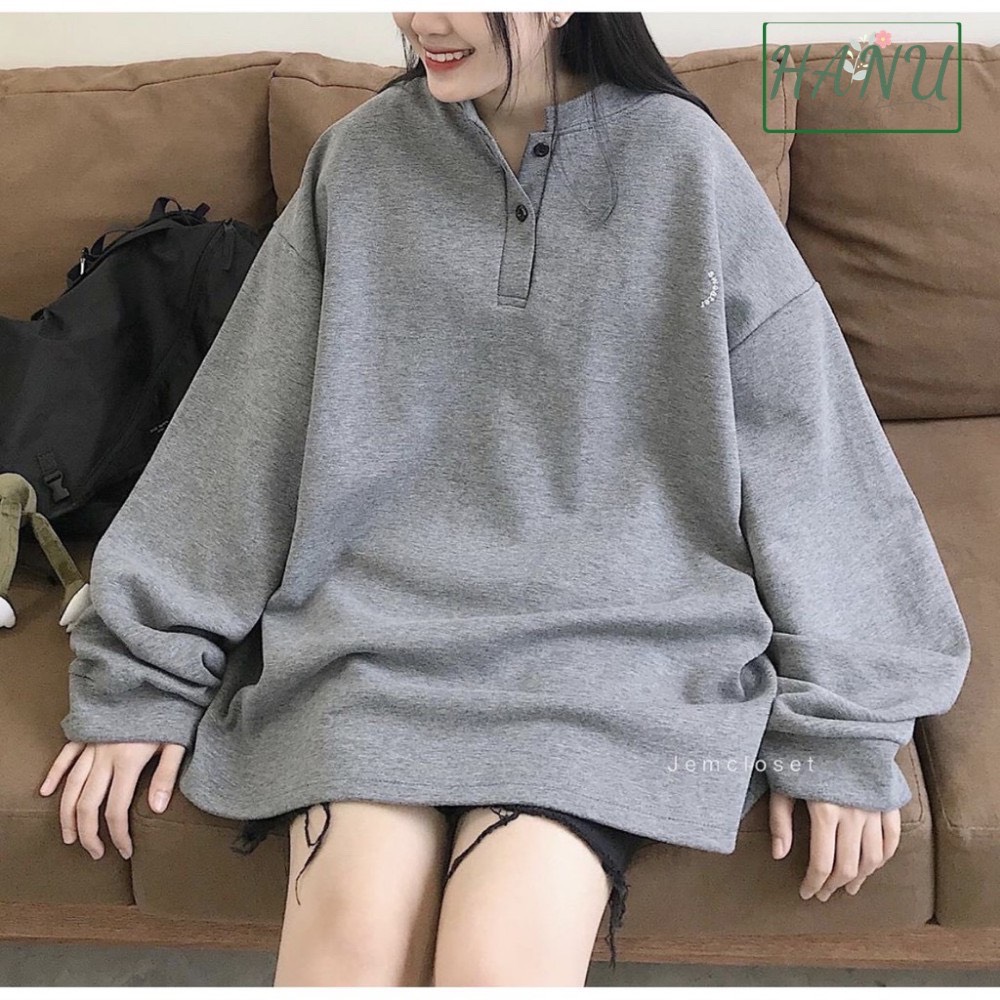 Áo thêu cúc cổ unisex 2 màu trắng xám chất nỉ cotton xịn/áo nỉ xám thêu chữ sweater fom rộng d3