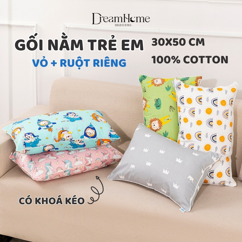 Gối trẻ em 30x50, vỏ gối nằm cho bé cotton 100% thấm hút mồ hôi tốt, khóa kéo chỉnh độ cao gối nằm được 2 mặt DREAMHOME