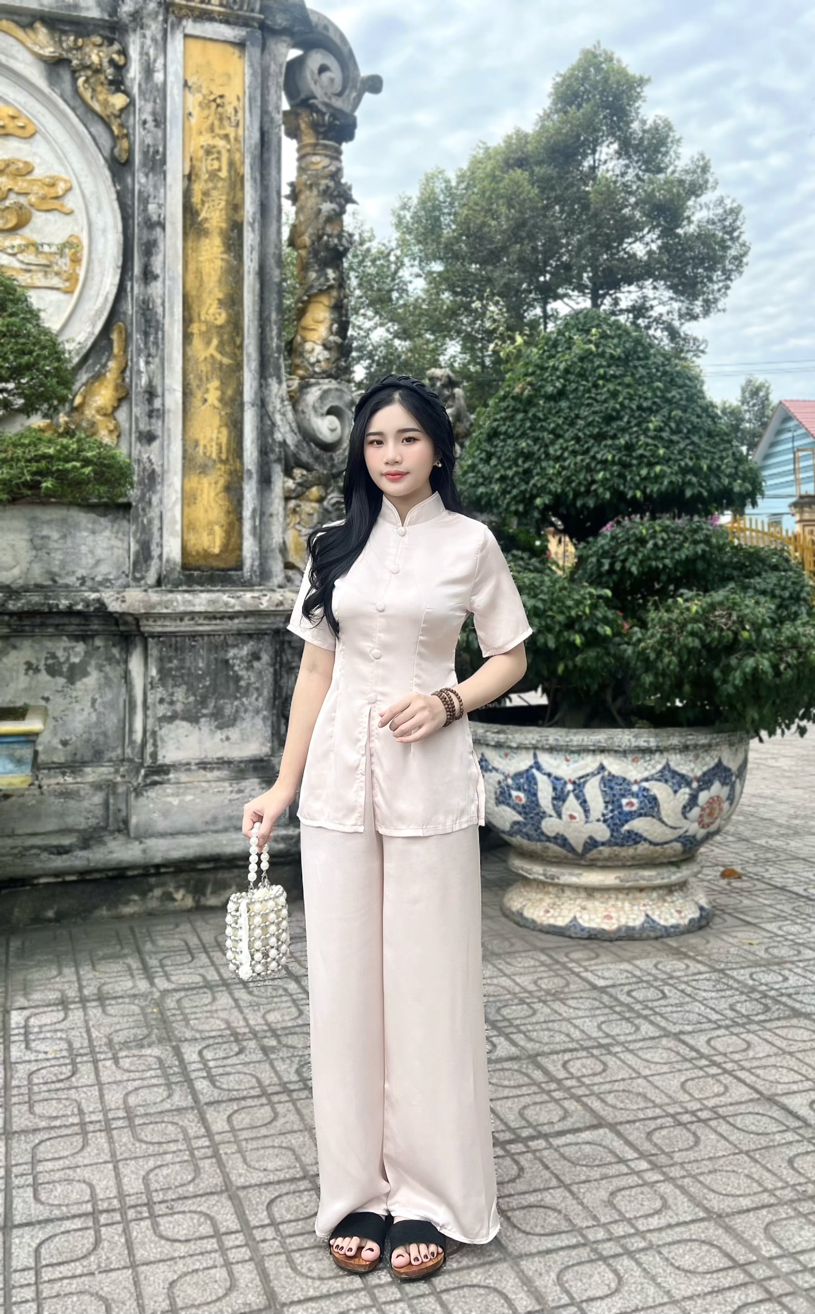 Đồ lam cổ tàu nguyên set mềm mịn trơn buộc eo l11