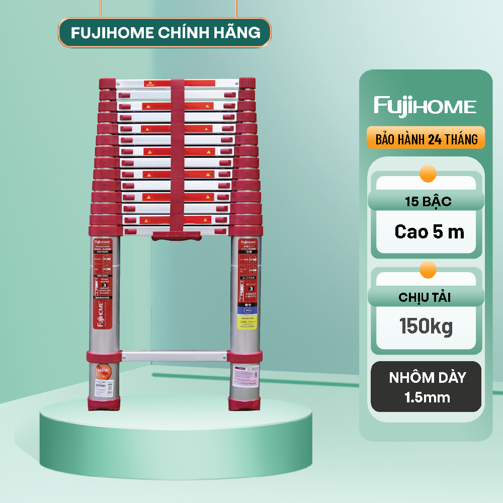 Thang nhôm rút gọn đơn FUJIHOME TLI500R Cao 5m - Đế cao su chống trượt -  - Nhập khẩu chính hãng - Bảo hành điện tử toàn quốc 24 tháng