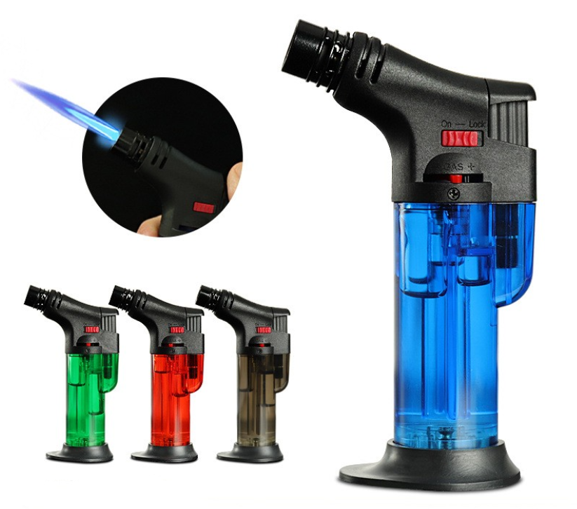 Bật lửa gas khò 1 tia 001 thân trong suốt nhiều màu lửa mạnh chống gió - tặng kèm đế bật lử