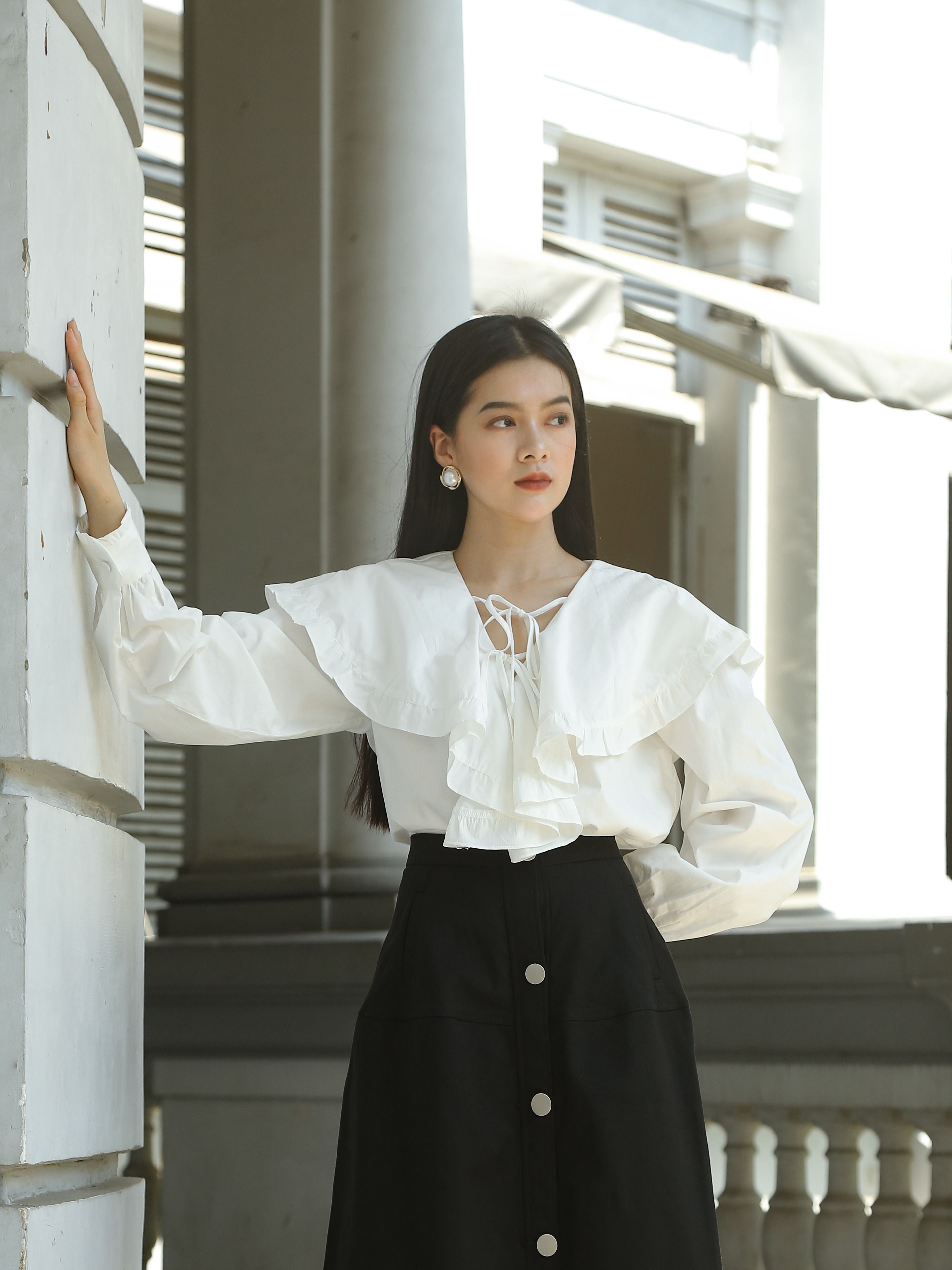 Moda de Lita - Áo tay dài cổ lá sen phối nơ thắt Edna