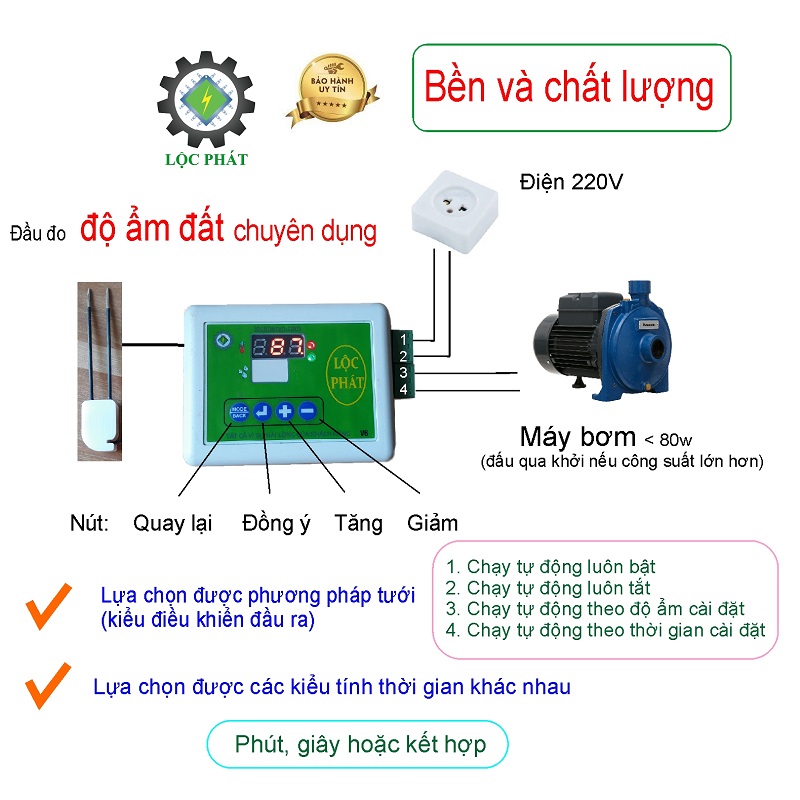 Bộ điều khiển độ ẩm đất Lộc Phát, máy đo độ ẩm đất điều khiển tưới nước cho cây tự động, máy đo độ ẩm đất giá rẻ, hiệu quả, cách đo đơn giản ĐKAĐ
