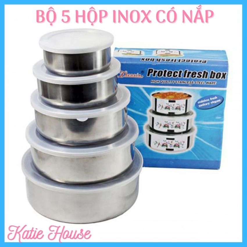 Bộ 5 hộp đựng thực phẩm inox có nắp, hộp đựng cơm, hộp bảo quản thực phẩm tủ lạnh