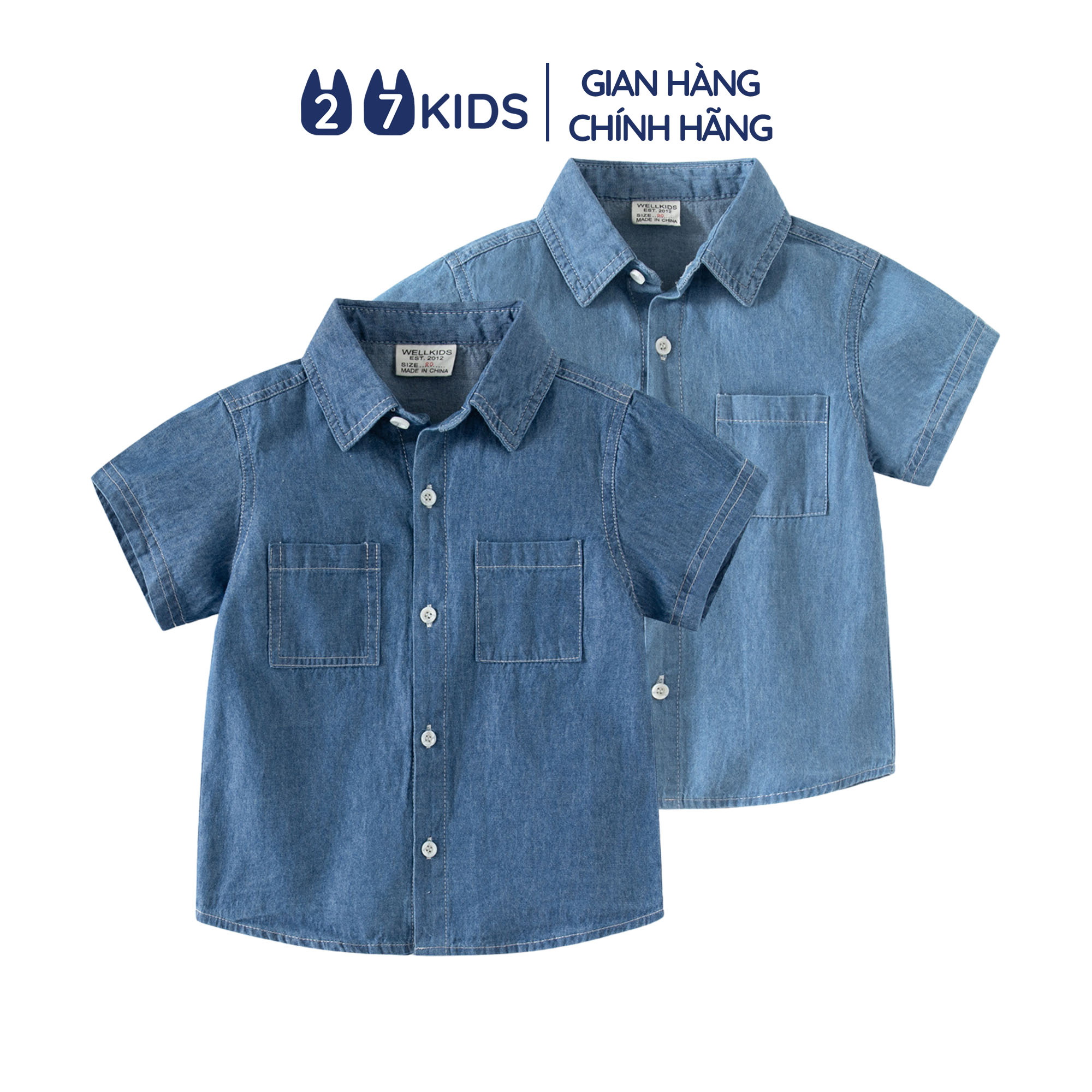 Áo sơ mi bé trai ngắn tay 27Kids Wellkids jean mỏng cổ bẻ đi học nam cho trẻ từ 2-8 tuổi BSSH4
