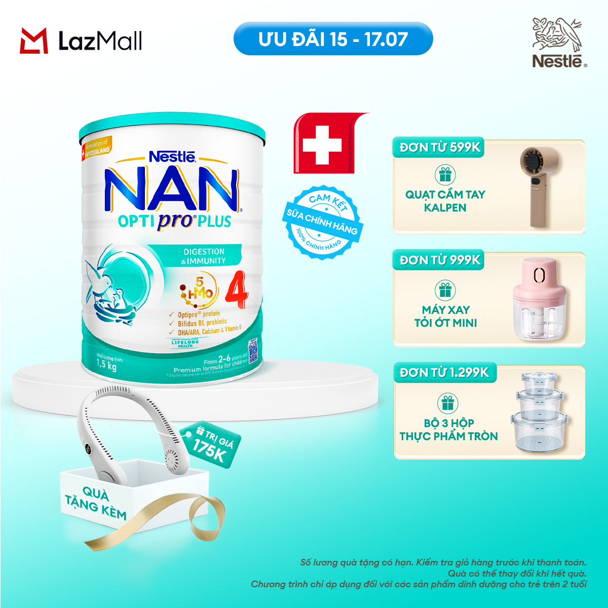 [CHỈ 15-17.07 QT ĐƠN 599K/999K/1299K][Tặng Quạt đeo cổ] Sữa Bột Nestlé NAN OPTIPRO PLUS 4 1500g Cho Bé 2 - 6 Tuổi: Công Thức Độc Quyền Nhập Khẩu Từ Thụy Sỹ, Chứa Phức Hợp 5-HMO