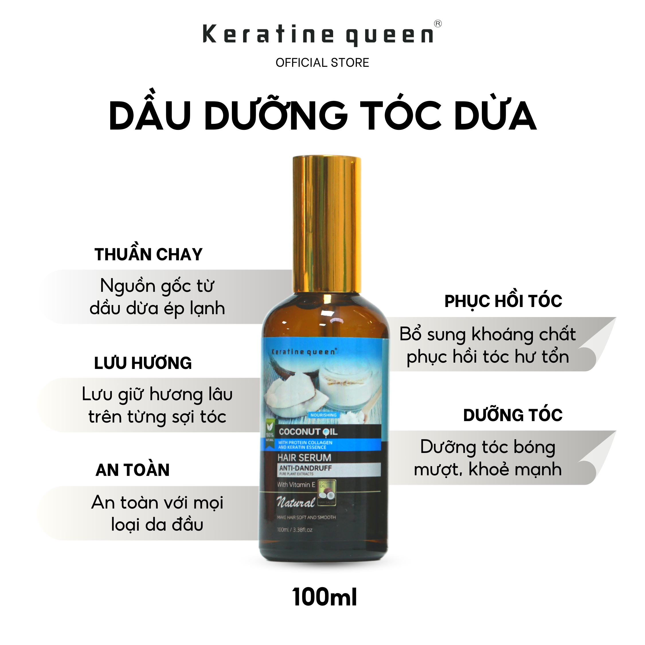 Dầu Dưỡng Tóc DỪA 100ml Chống Gàu Hiệu Quả Với Vitamin E, Tinh Chất Keratin và Protein Collagen Kera