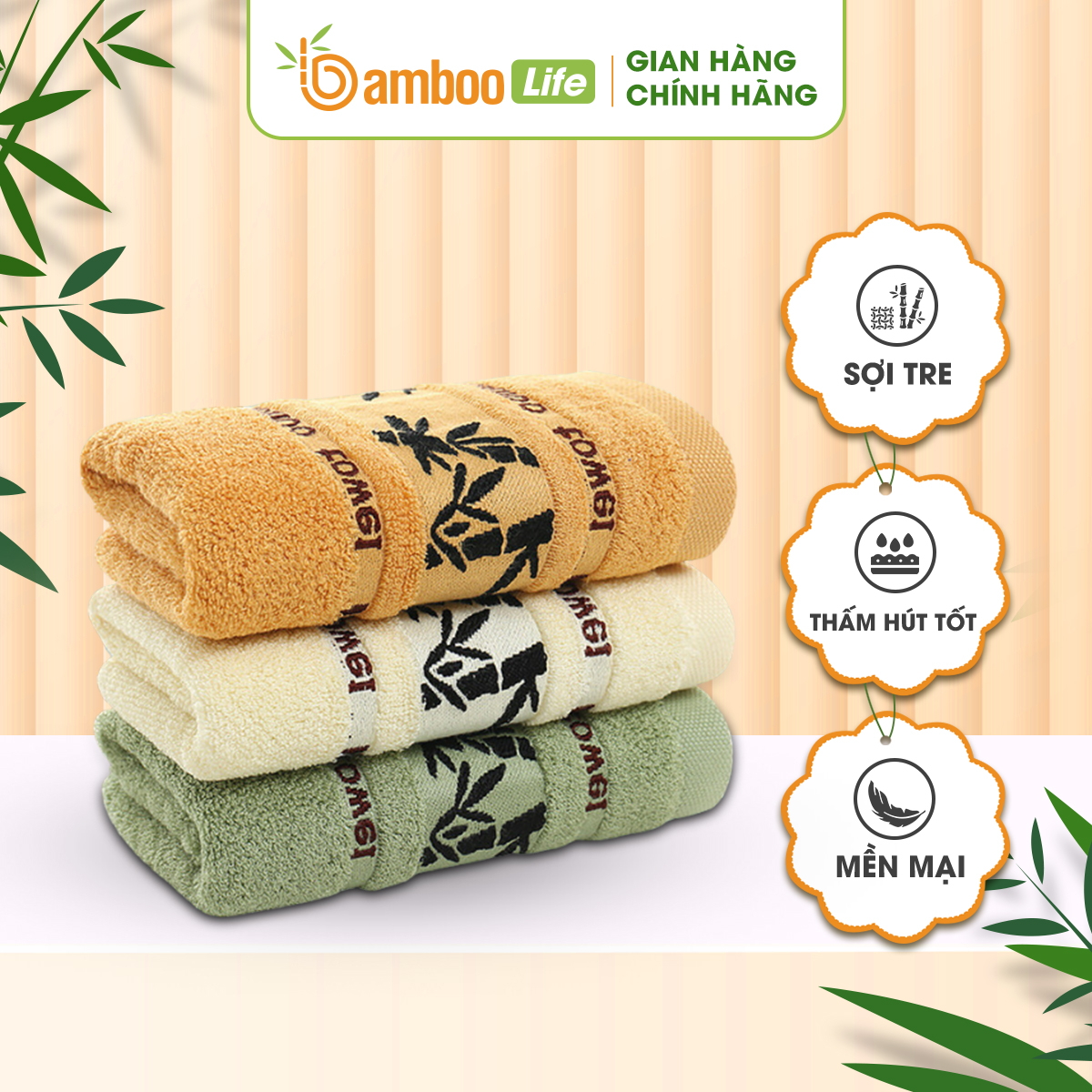 Khăn tắm sợi tre Bamboo Life BL087 họa tiết cây tre, khăn lau người, khăn mặt kháng khuẩn, siêu thấm hút, an toàn cho da