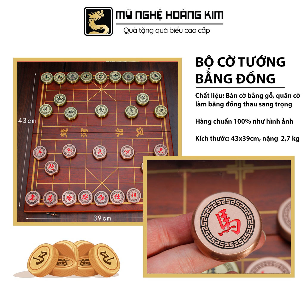 Bộ cờ tướng bằng đồng sang trọng HK35 quân cờ cầm nặng chắc tay bàn cờ gỗ chắc chắn Mỹ Nghệ Hoàng Kim