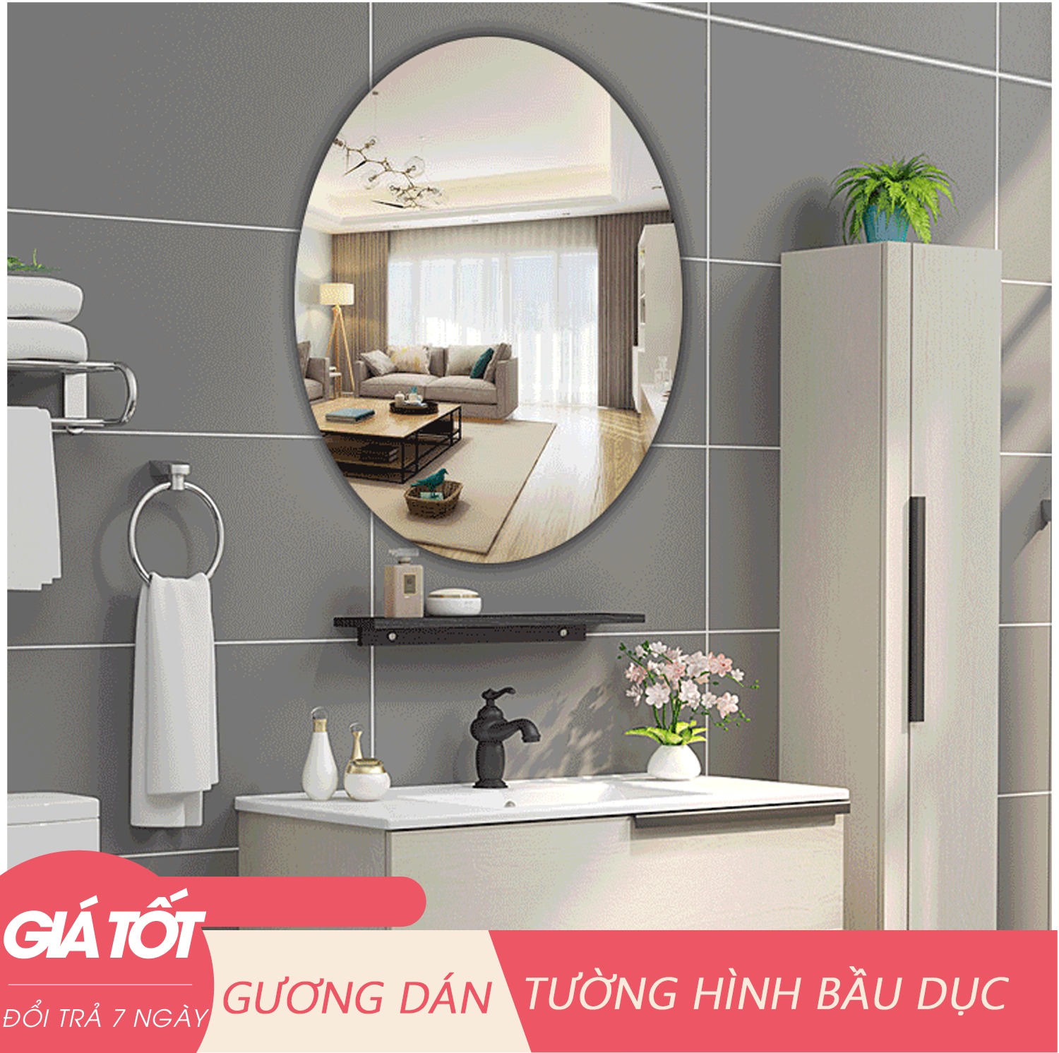 (Kích thước 42x27cm) Gương dán tường, gương dán tường hình bầu dục, kích thước 42x27cm. gương nhà tắm- Hỗ trợ đổi trả hàng 7 ngày