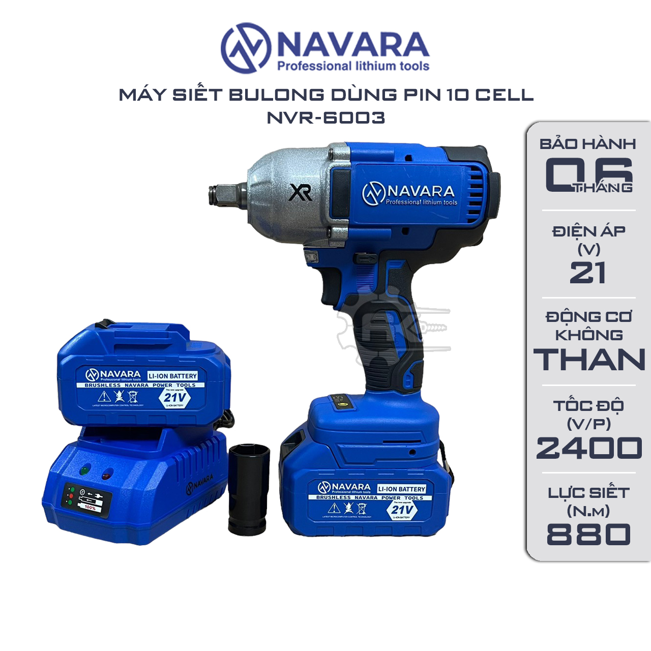 Máy siết bulong dùng pin navara 6003, động cơ không chổi than, lực siết 880nm