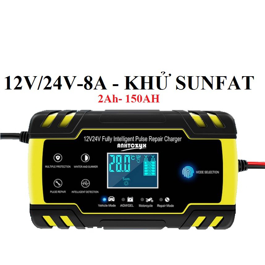 Bộ sạc bình ắc quy 12V/8A- 24V/4A FOXSUR Có khử sunfat phục hồi ắc quy 6Ah-150Ah thông minh tự ngắt khi đầy chống ngược cực,sac ac quy