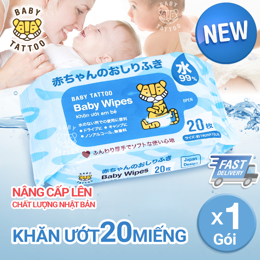 BABY TATTOO Khăn giấy ướt cao cấp không mùi, gói 20 miếng