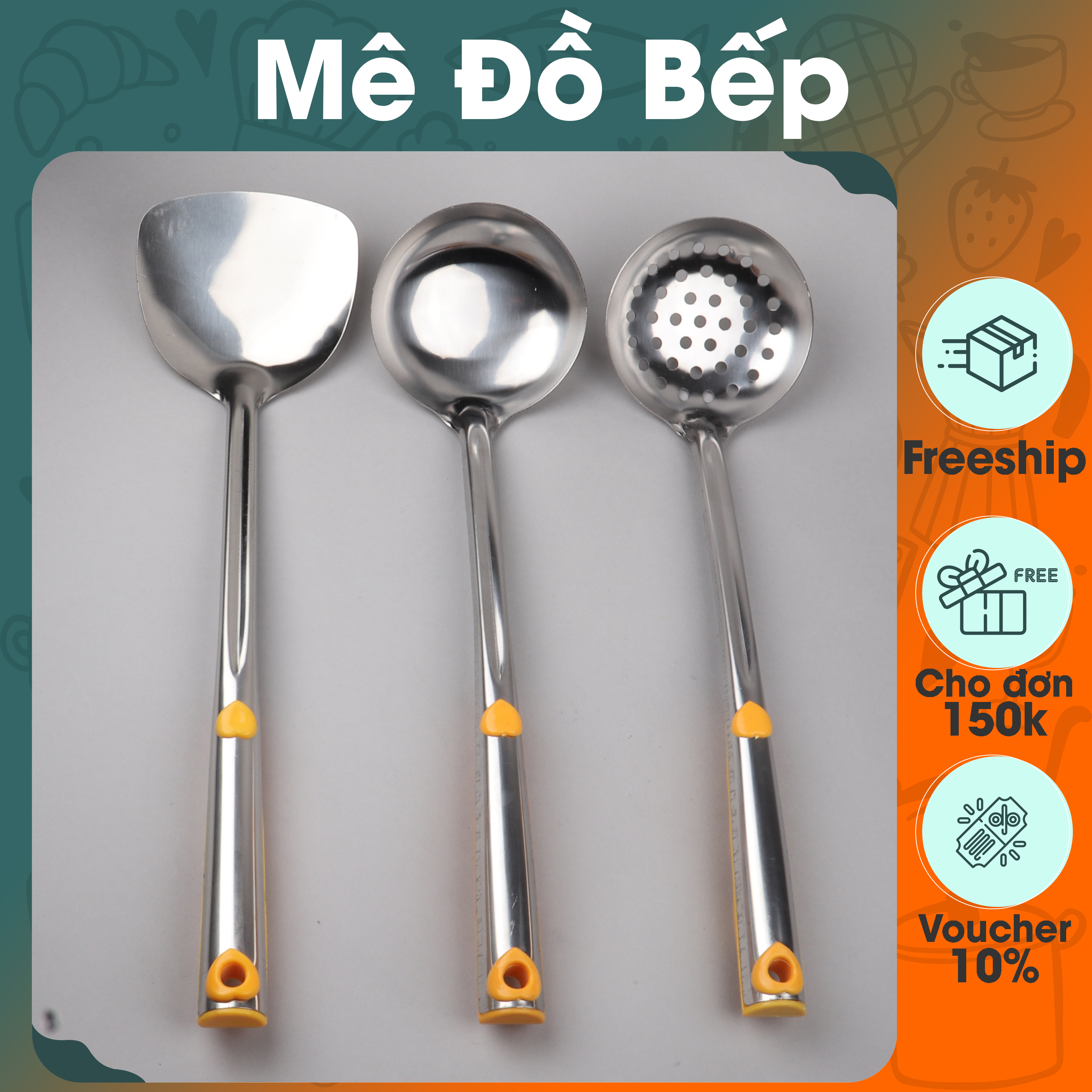 Set Xẻng đặc, Vá đặc, Vá lỗ inox Bam House cán nhựa vàng loại lớn cao cấp siêu bền SCV10 - Gia dụng bếp