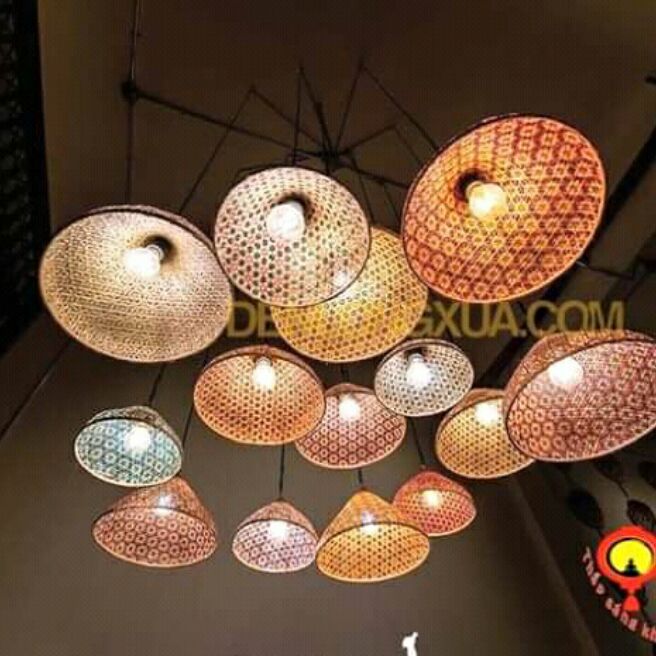 Chao đèn mây tre đan hoa thị hình nón 35cm (0978945425)