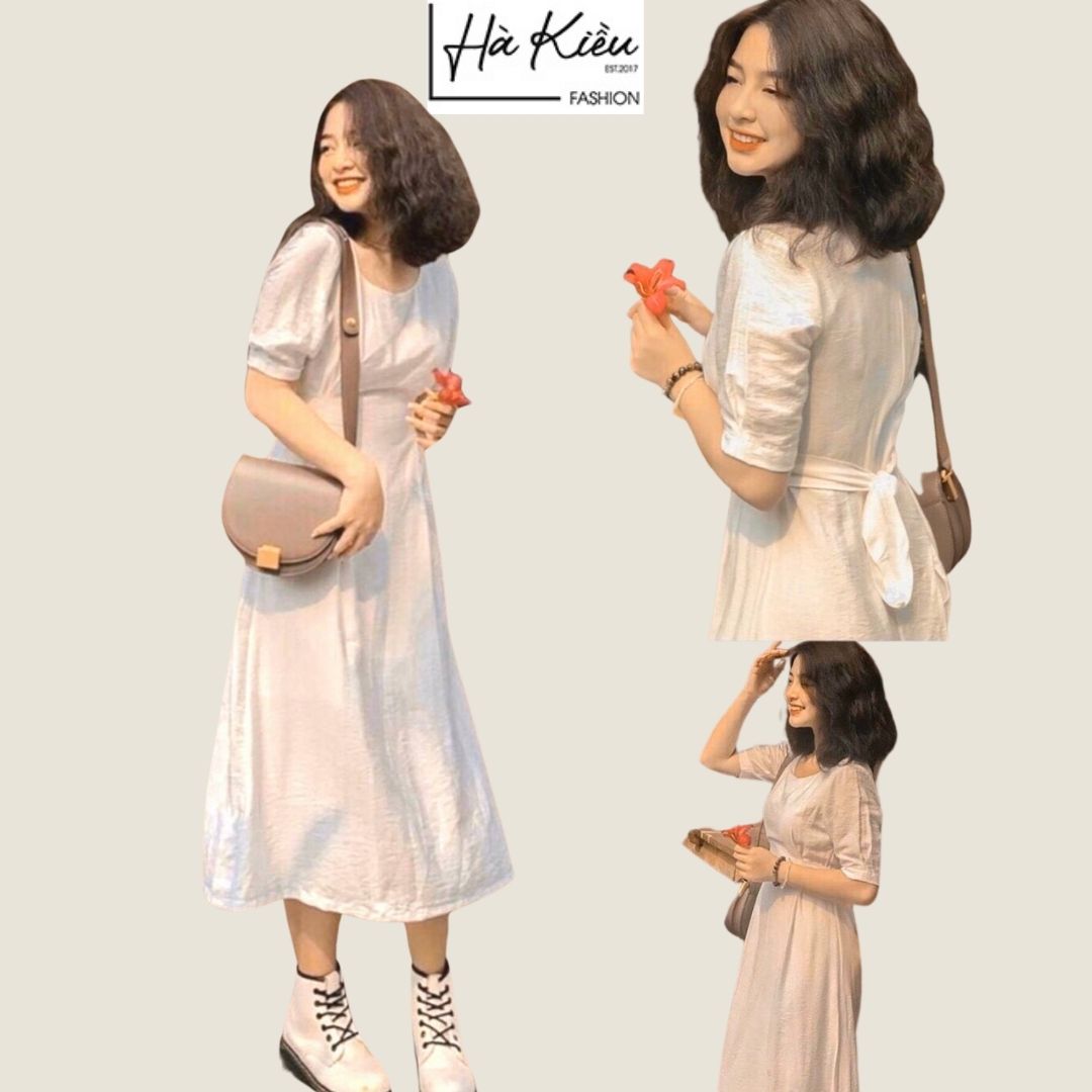 [HCM]Đầm váy nữ trắng midi thắt lưng dây eo Hà Kiều Fashion MSP67 chất Xô xinh đẹp