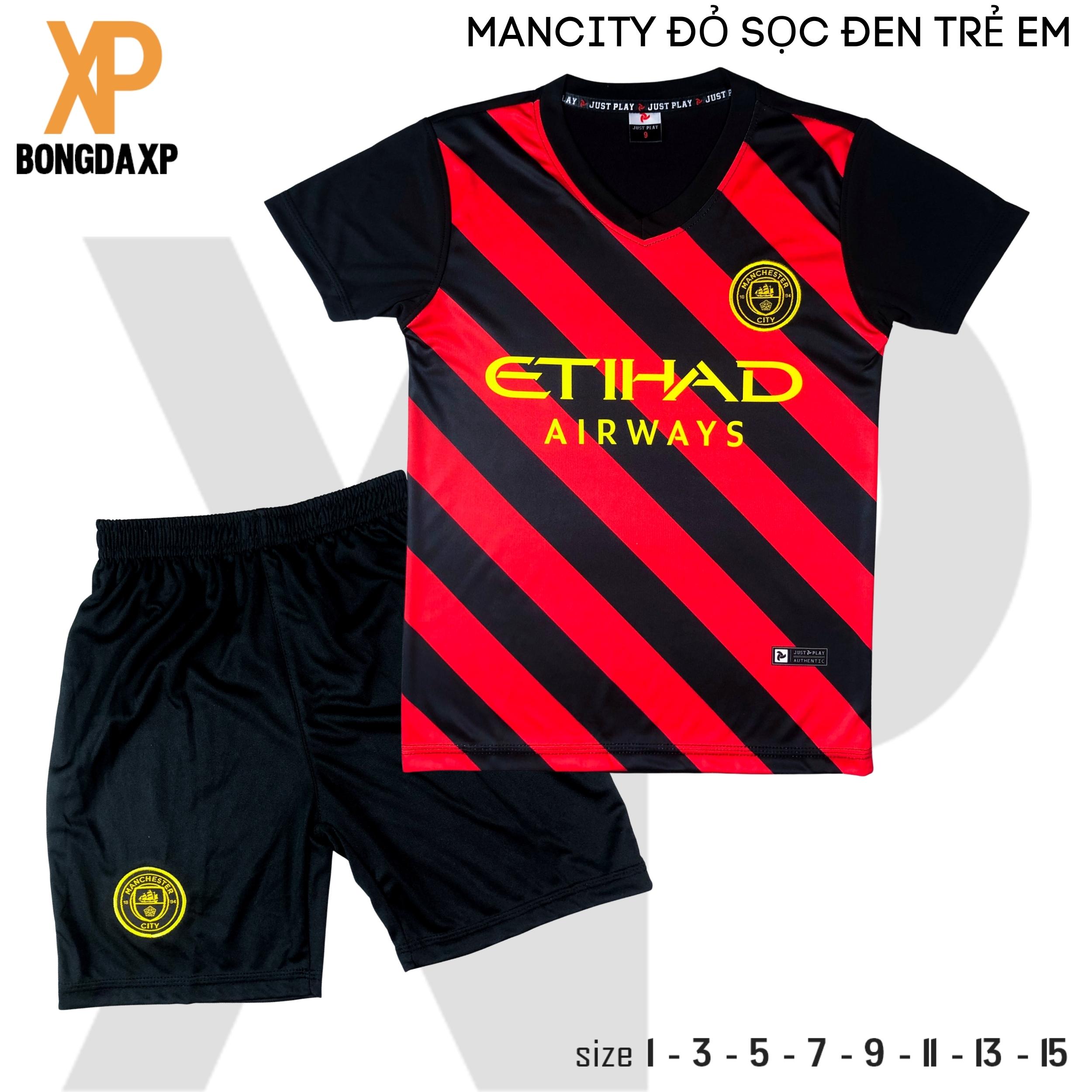 Quần áo bóng đá trẻ em đồ đá banh cho bé CLB Manchester City Đỏ sọc đen Vải thun lạnh cao cấp