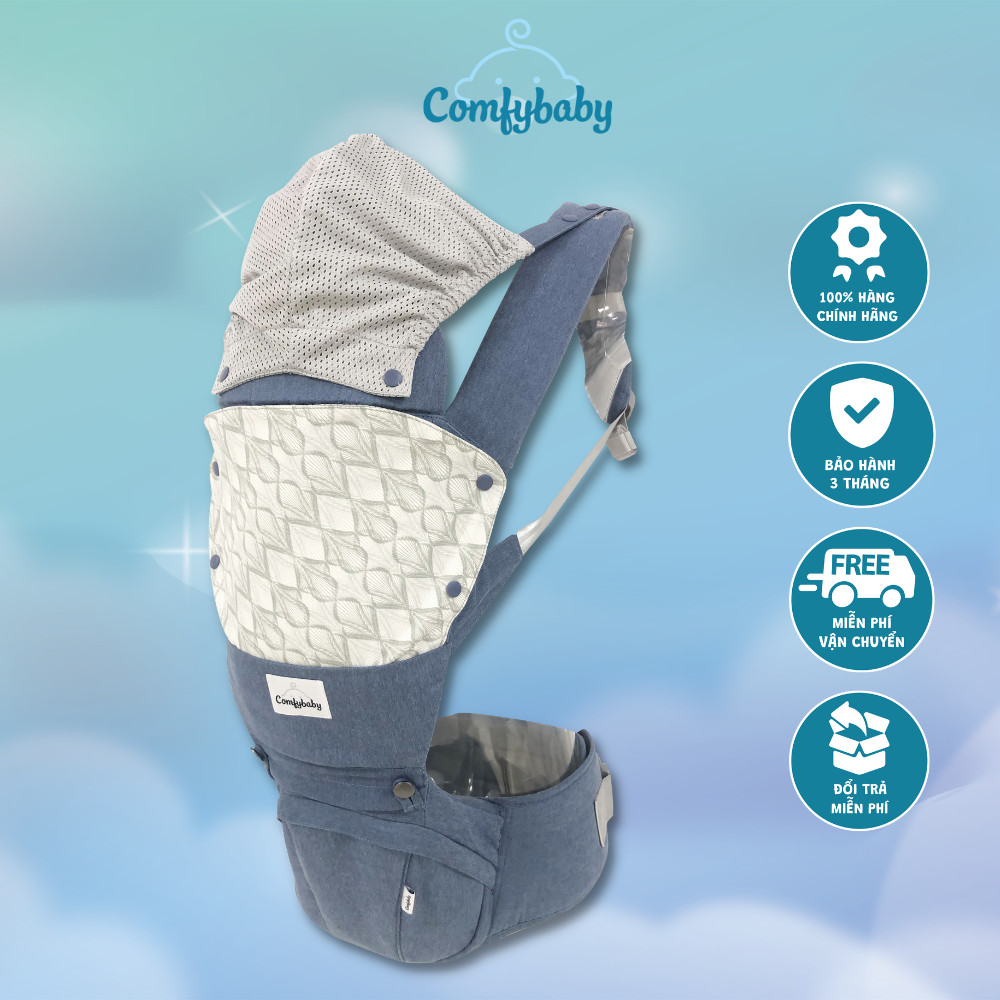 Địu em bé 4 tư thế vải Air mesh siêu mềm, thoáng khí, chống vòng kiềng Comfybaby HC003 - Địu trợ lực cho bé từ sơ sinh có mũ che nắng