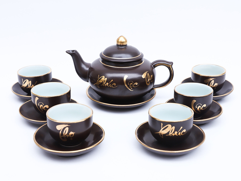 Bộ Ấm Chén Uống Trà Tử Sa Bát Tràng Mẫu Tích Vuông Chữ Phúc Lộc Thọ