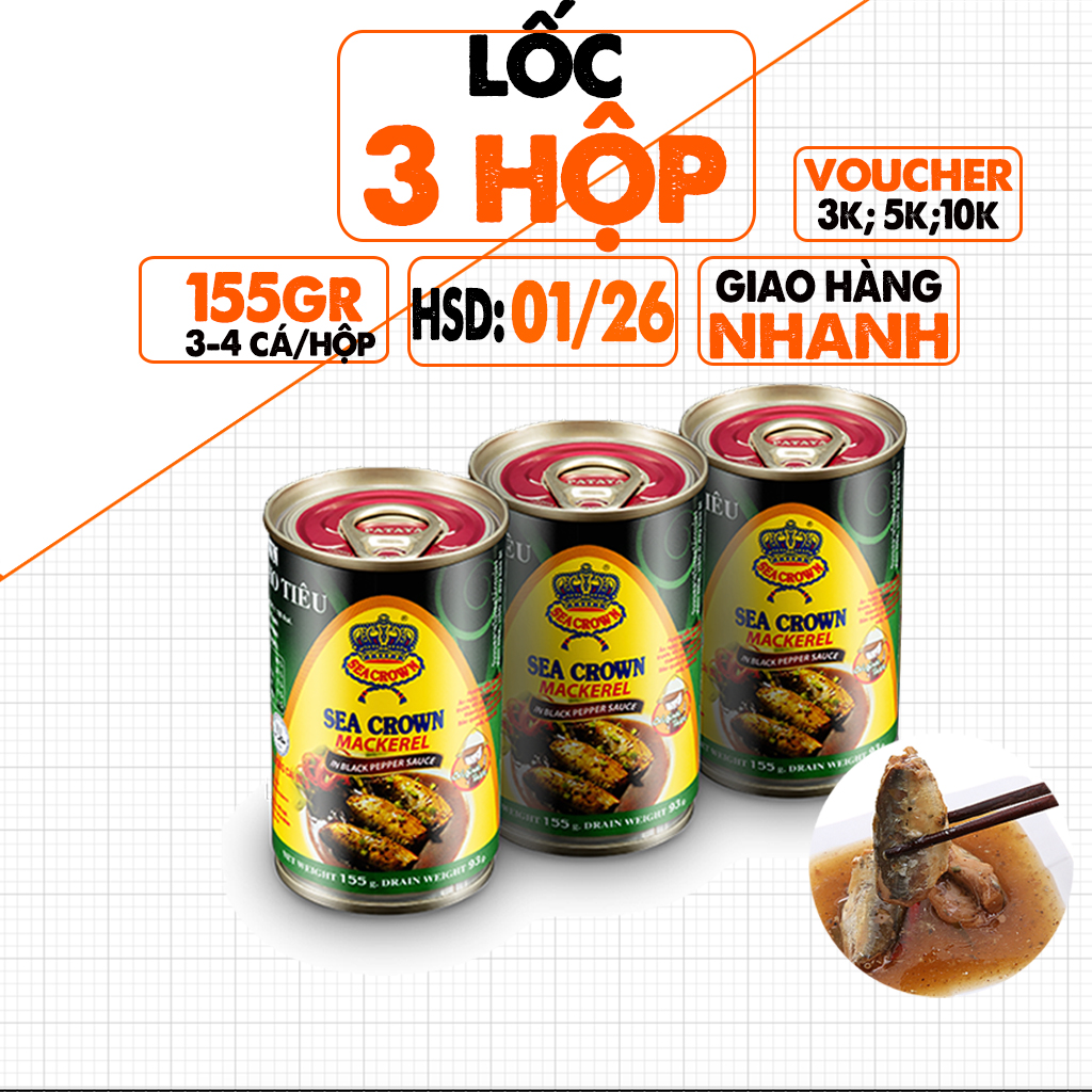 Combo 03 Hộp Cá Nục Kho Tiêu Seacrown Thái Lan Lon 155g, Vị Cay, Thơm, Dùng Ăn Ngay, Date 01/2026