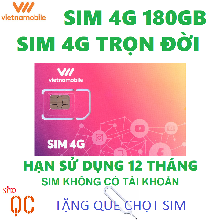 Freeship - chưa kích hoạt. sim 4g vietnamobile trọn đời 180gb 0đ tặng que lấy sim