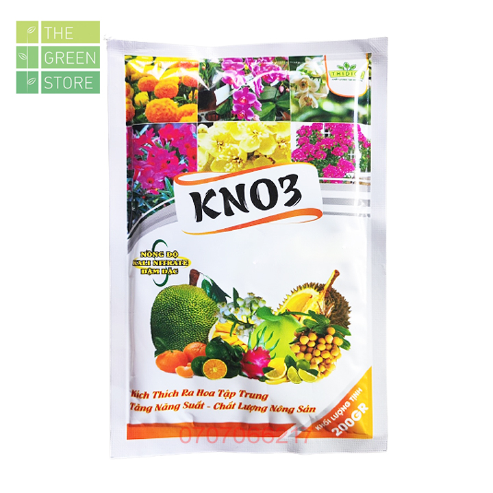 Phân bón kali trắng KNO3 (200g/1kg) kích ra hoa đồng loạt, tăng đậu trái, nuôi trái cho rau củ, cây ăn trái