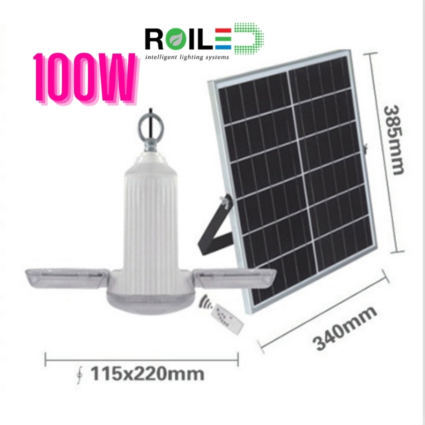 Đèn led búp treo trong nhà năng lượng mặt trời 100W ánh sáng trắng xài trong nhà không chói mắt hại mắt Roiled RT100W bảo hành 2 năm, điều khiển từ xa, dây dài 5m