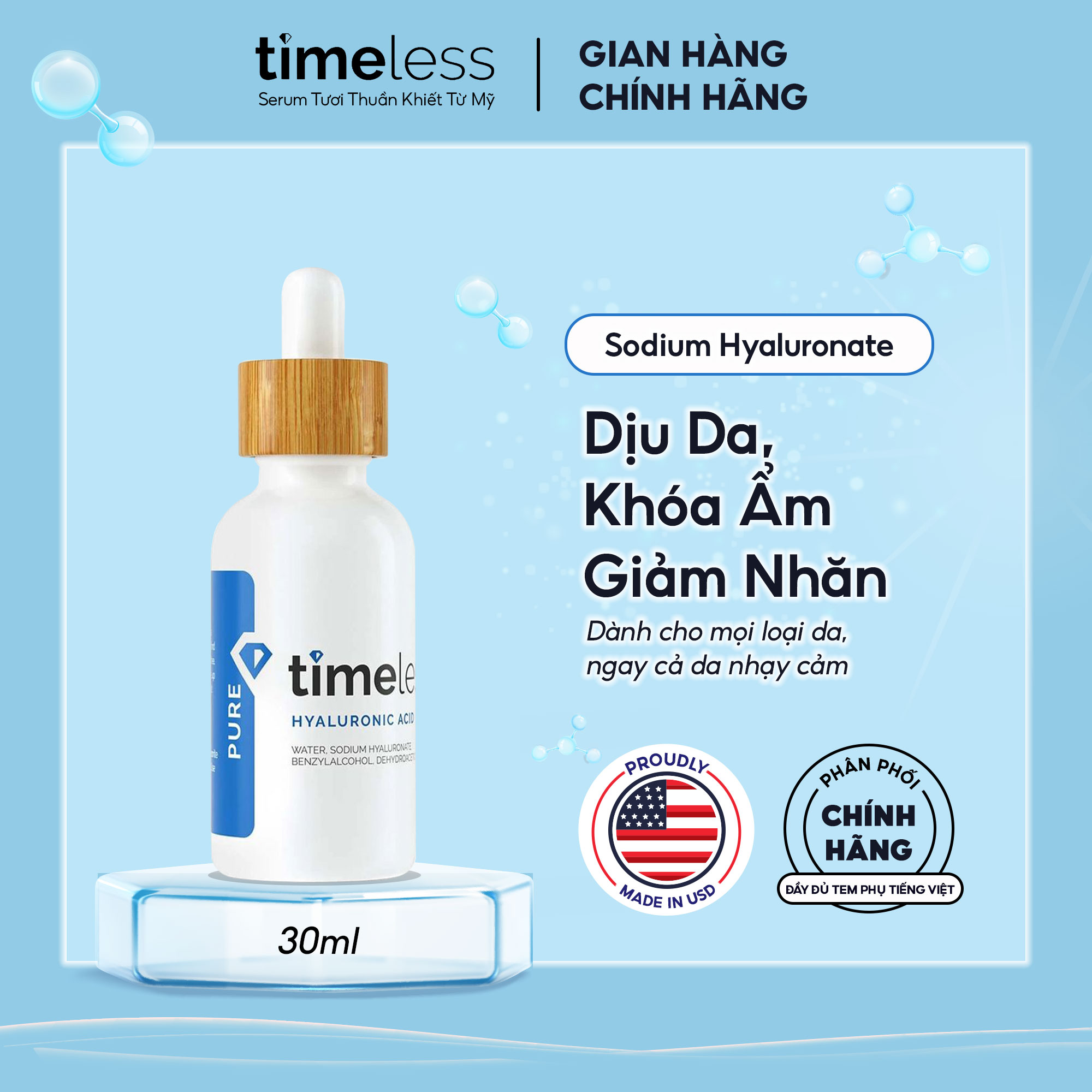 Serum Cấp Nước, Dưỡng Ẩm Da Timeless Hyaluronic Acid 100% Pure 30ml