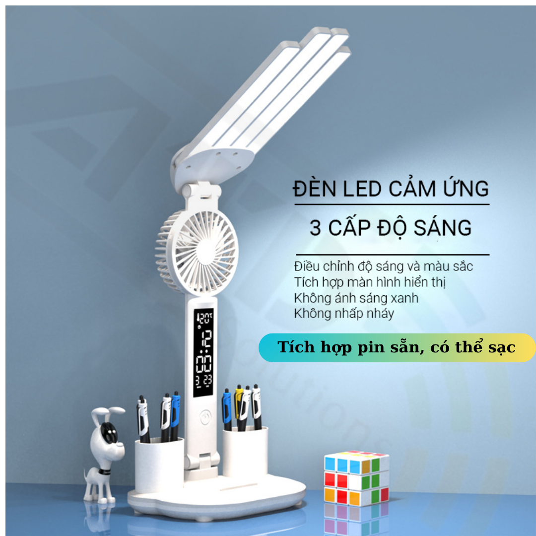 Đèn học - đèn làm việc để bàn - 4 bóng led - tích hợp pin có thể sạc lại - đèn led kết hợp màn hình led hiển thị ngày, giờ, lịch, nhiệt độ - quạt