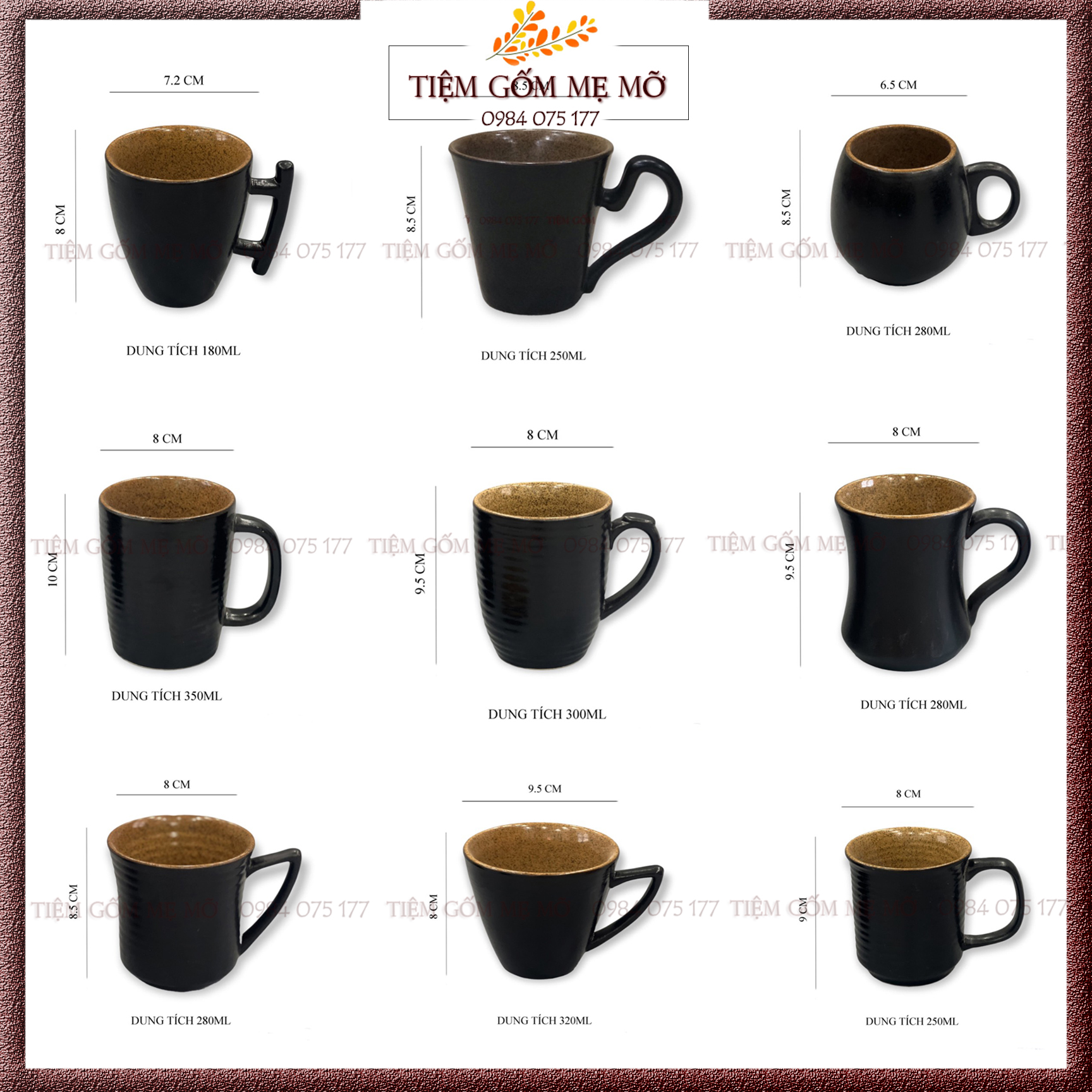 Ly cốc uống nước tách trà cà phê sứ có quai có nắp men đen lòng nâu gốm phong cách Nhật Bản gốm sứ Bát Tràng