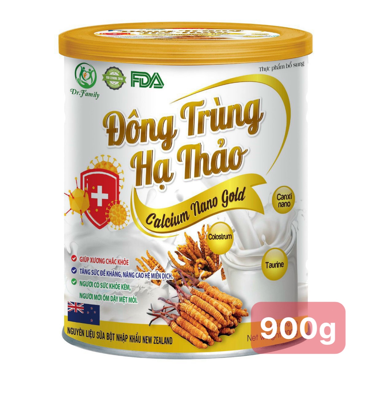 (Hộp 900g) Sữa bột Đông trùng hạ thảo Canxi Nano Gold giúp tăng sức khỏe, sức đề kháng, ngăn ngừa loãng xương