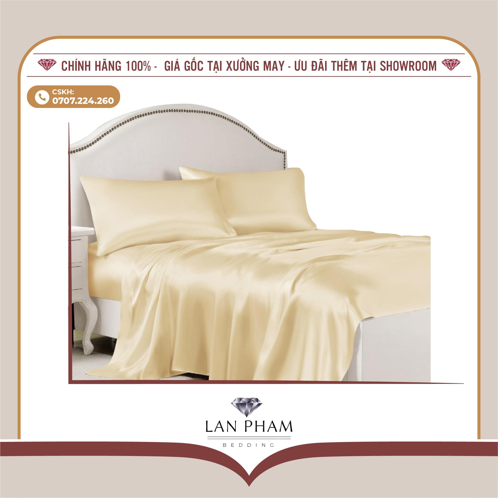 BỘ GA GIƯỜNG DRAP GỐI PHI LỤA MÀU VÀNG KEM CAO CẤP LAN BEDDING