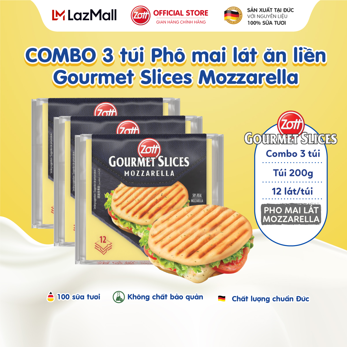 COMBO 3 túi Phô mai lát Zott Gourmet Slices MOZZARELLA nhập khẩu từ Đức