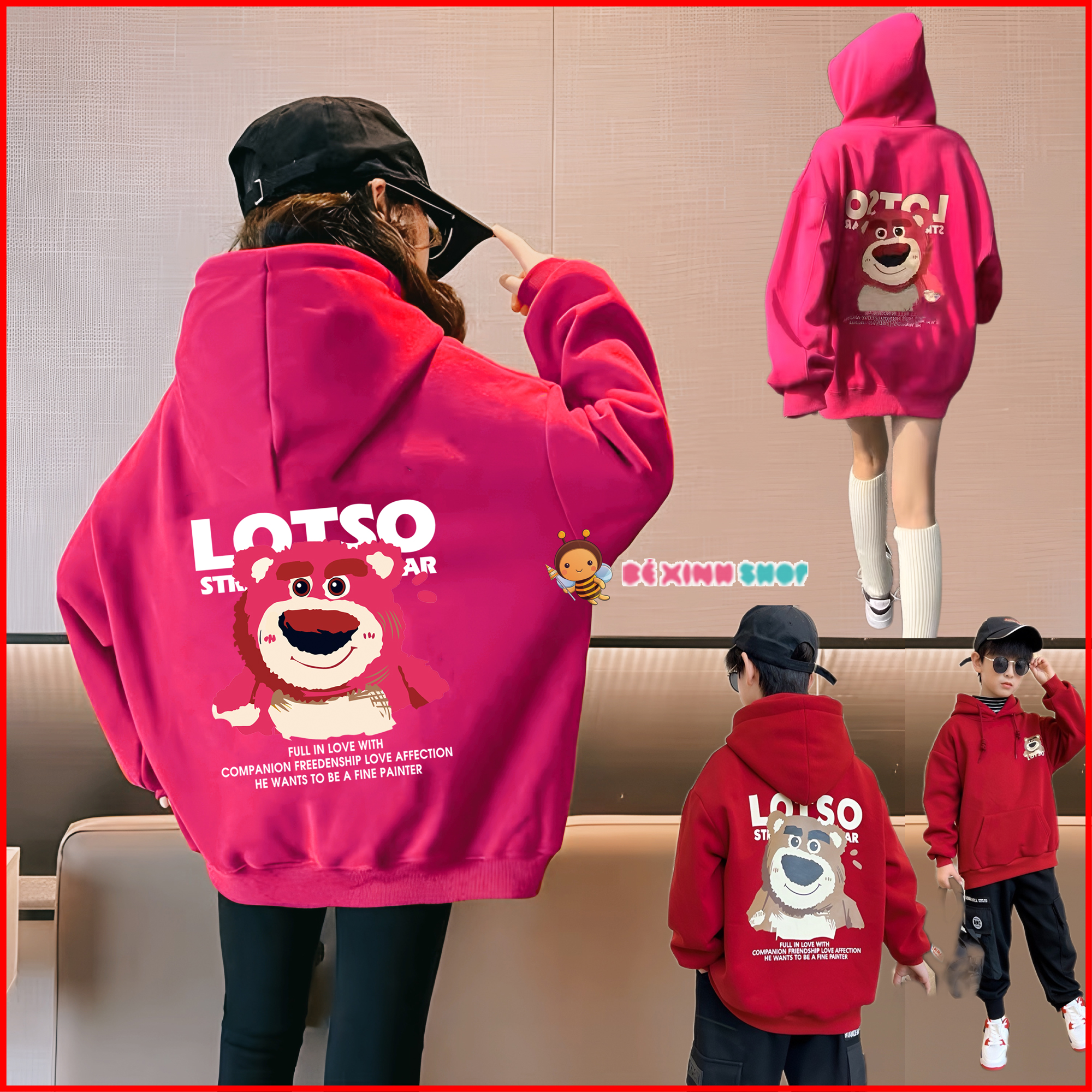 Áo Hoodie In Gấu Dâu LOTSO Dễ Thương Cho Bé Trai & Bé Gái Mùa Thu BXG634