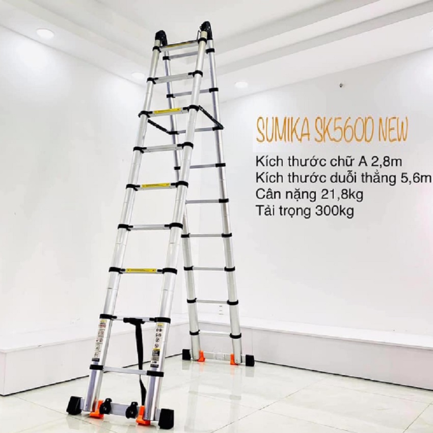 Thang Nhôm Sumika, Thang nhôm rút đôi SUMIKA SK560D New 2022 Chữ A 2m8 – duỗi thẳng 5m6 ( màu bạc ).  An toàn – Tiện lợi – Tiết kiệm ,2x9 bậc, tải trọng 300kg ,khóa chống lắc,bảo hành 2 năm.