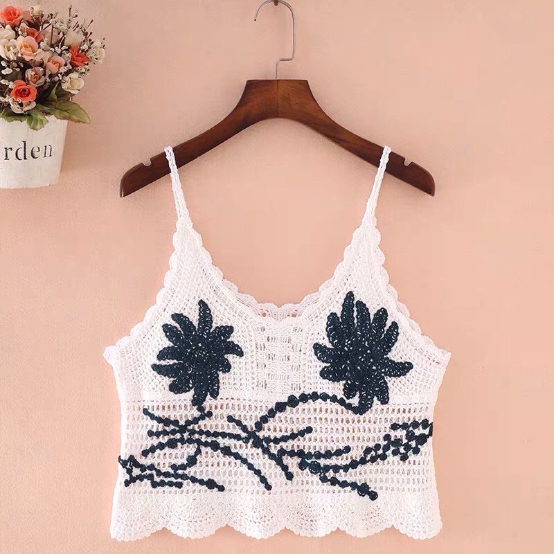 💥Áo 2 dây 2s len móc đi biển thêu nhành hoa